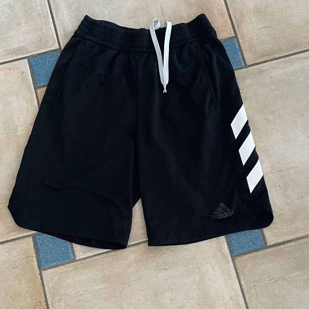 adidas Men's Black Athletic Shorts with White Chevron Stripes size L
